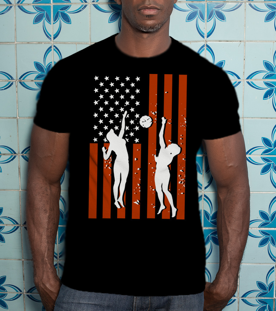 Volleyball Silhouettes Against American Flag Patriotic Sports Scene T-Shirt