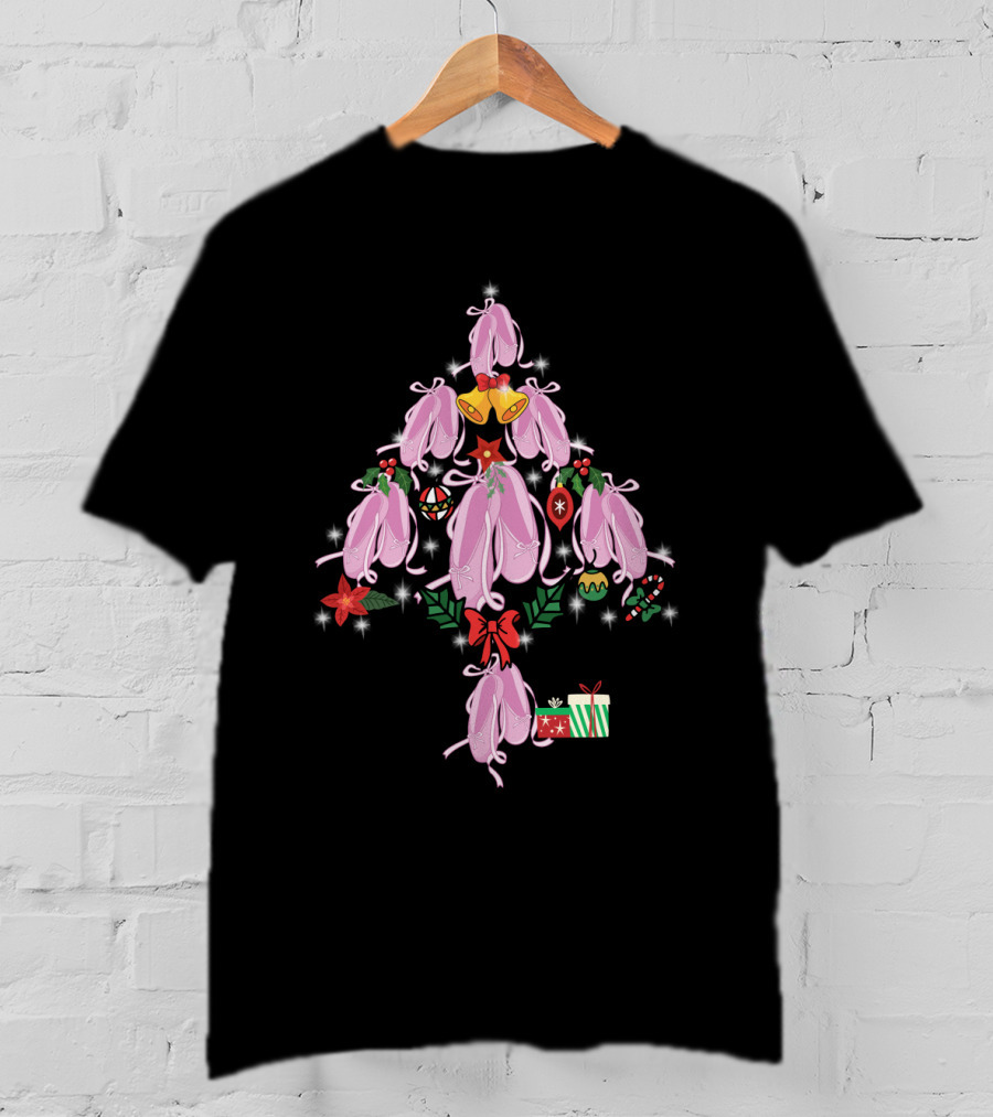 Pointe Shoes Shaped As Christmas Tree With Bells, Ornaments, And Gifts T-Shirt