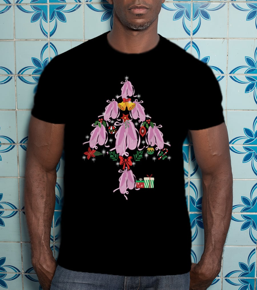 Pointe Shoes Shaped As Christmas Tree With Bells, Ornaments, And Gifts T-Shirt