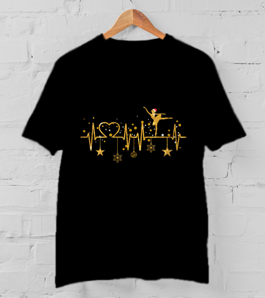 Ballet Dancer Heartbeat Golden Christmas Theme With Stars And Santa Hat Elements T-Shirt