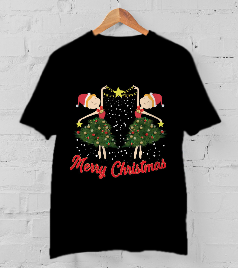 Merry Christmas Ballet Dancers With Festive Santa Hats And Holiday Tree Dresses T-Shirt