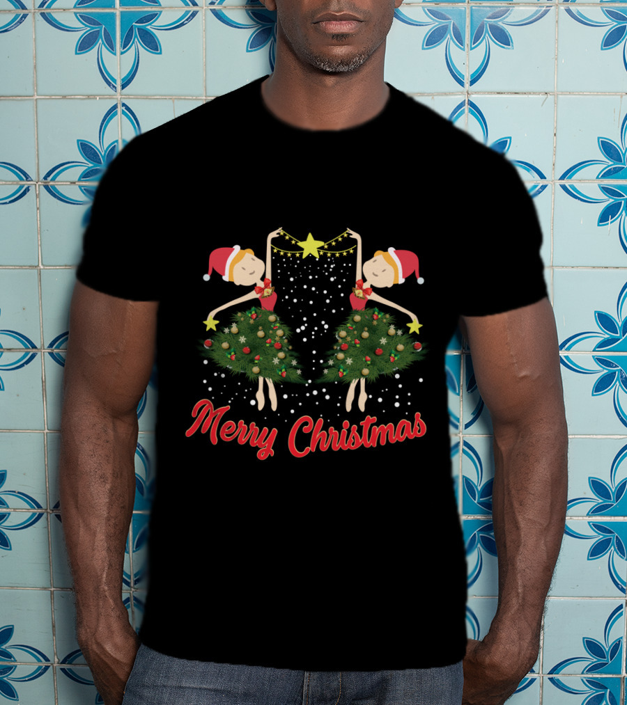 Merry Christmas Ballet Dancers With Festive Santa Hats And Holiday Tree Dresses T-Shirt