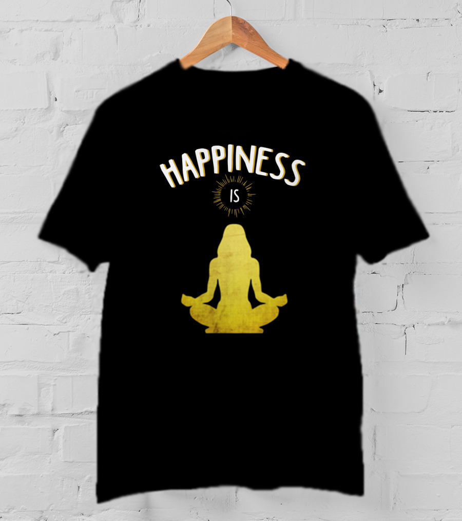 Happiness Is Yoga Meditation Silhouette In Yellow With Sunburst T-Shirt