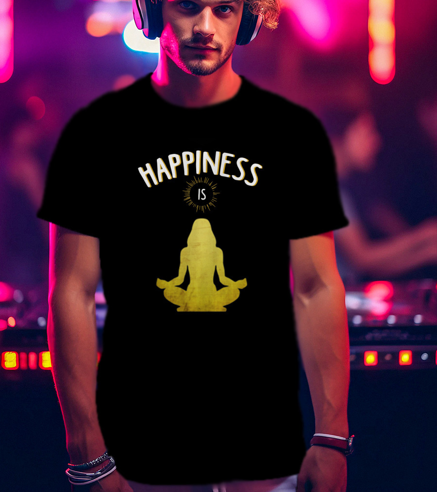 Happiness Is Yoga Meditation Silhouette In Yellow With Sunburst T-Shirt