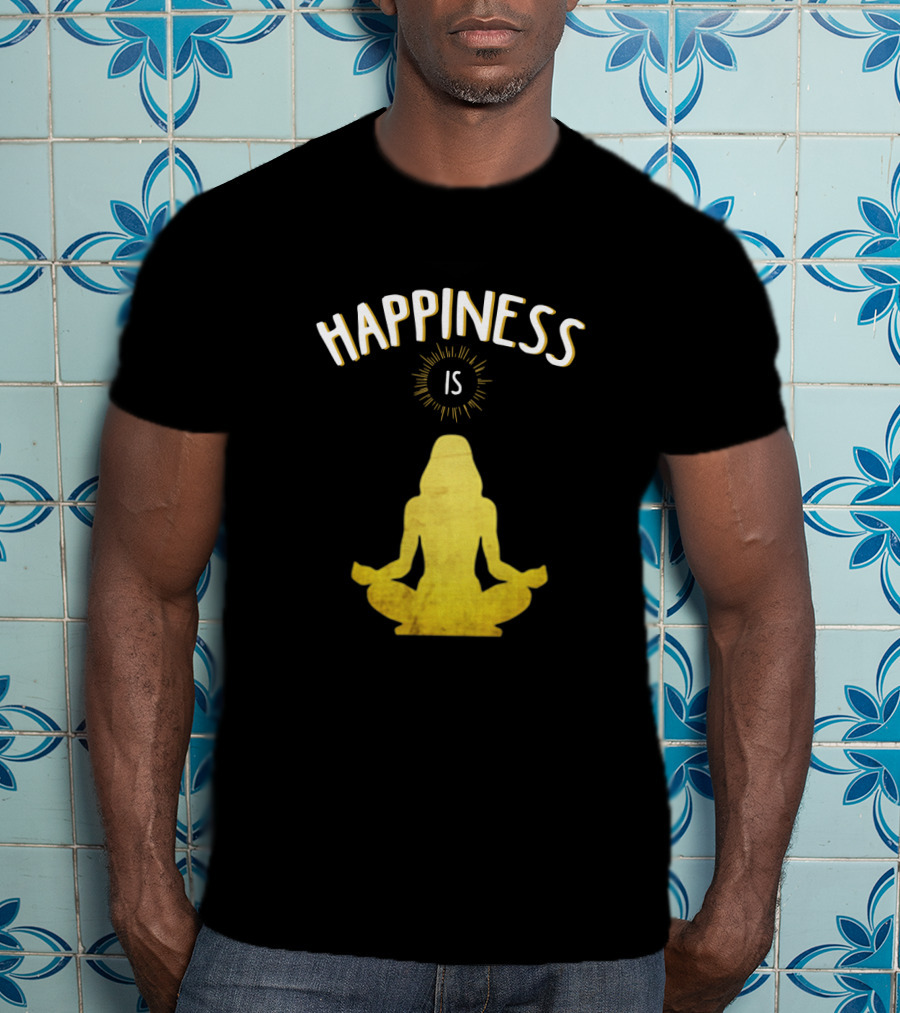Happiness Is Yoga Meditation Silhouette In Yellow With Sunburst T-Shirt
