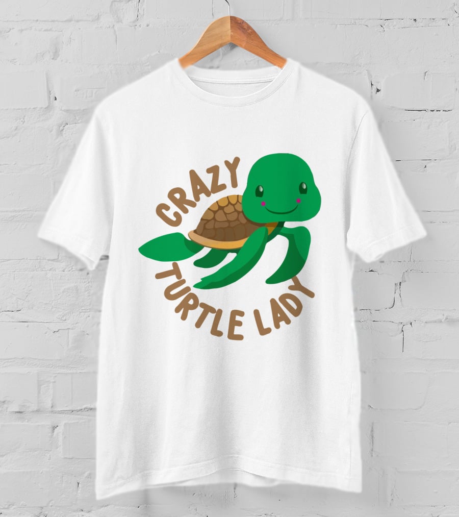 Crazy Turtle Lady Cute Green Cartoon Style Turtle With Happy Face T-Shirt