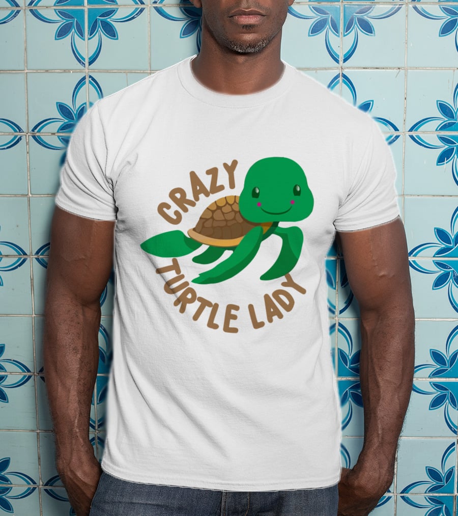 Crazy Turtle Lady Cute Green Cartoon Style Turtle With Happy Face T-Shirt