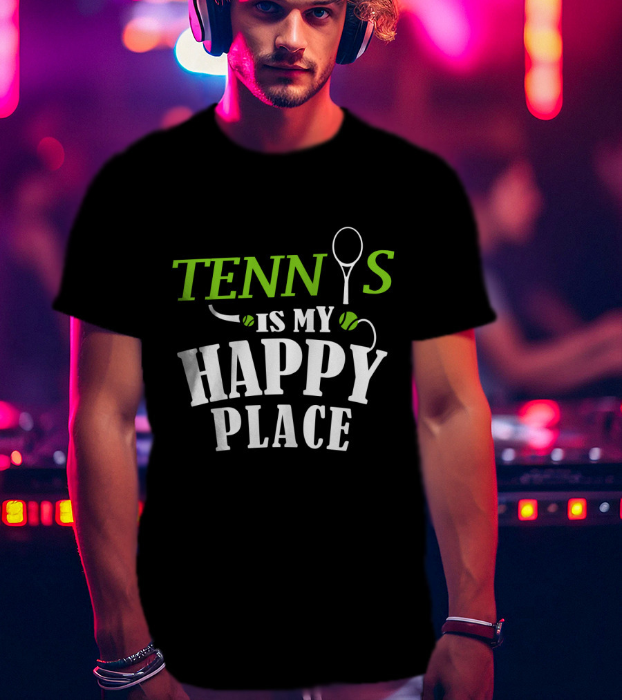 Tennis Is My Happy Place With Racket And Ball Motif T-Shirt