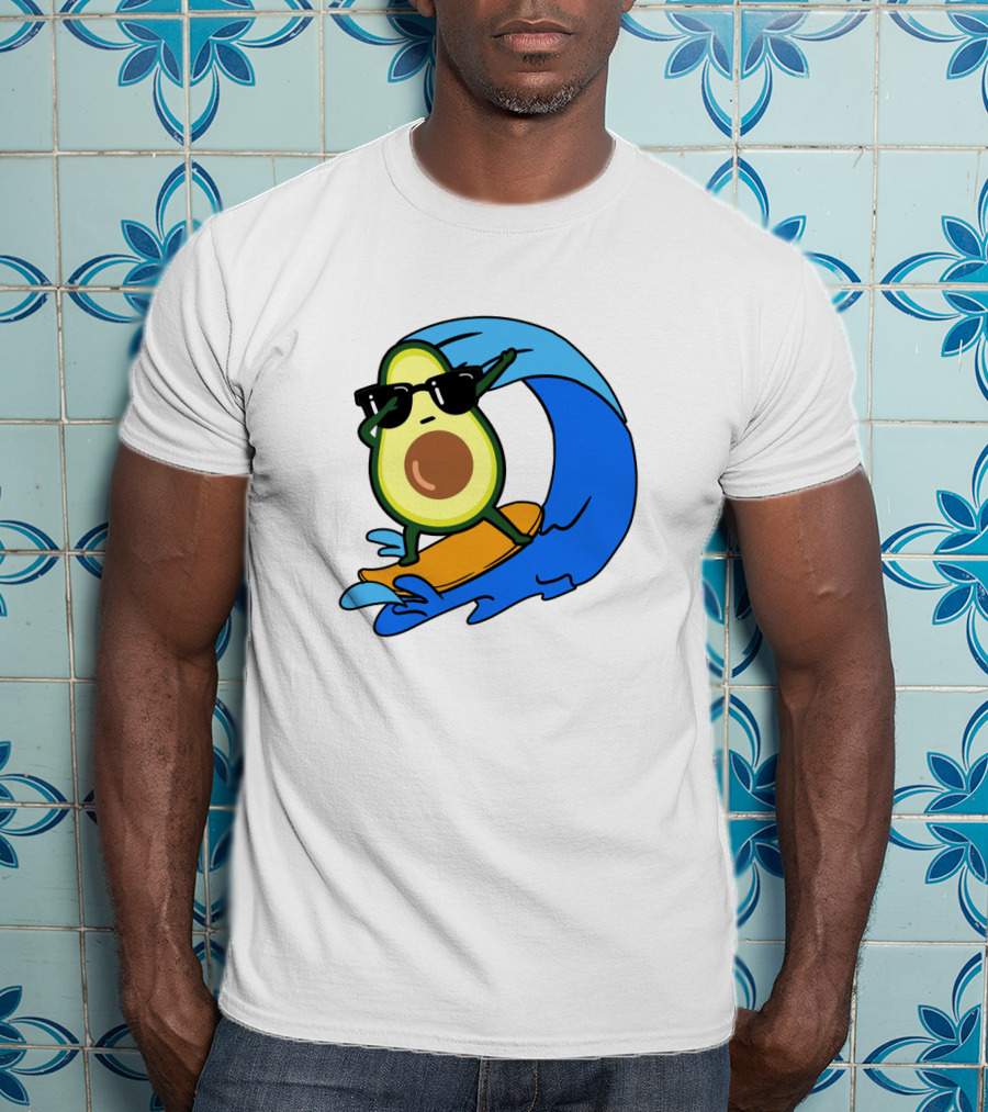 Avocado Wearing Sunglasses Riding Blue Ocean Wave T-Shirt