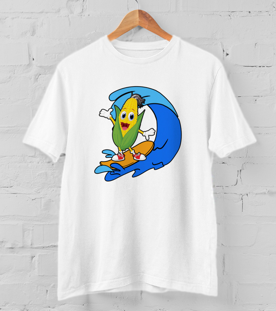 Corn On Surfboard Riding Blue Ocean Wave T-Shirt