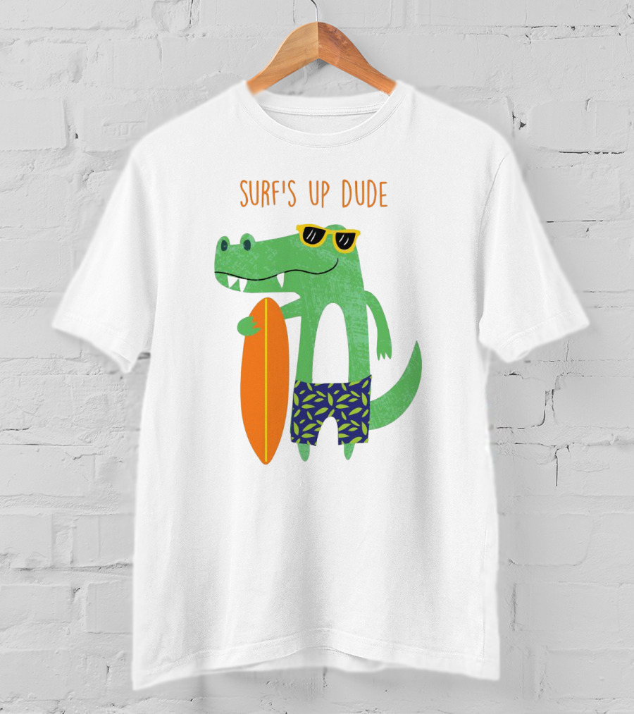 Surf's Up Dude Cool Crocodile In Sunglasses With Surfboard And Tropical Shorts T-Shirt