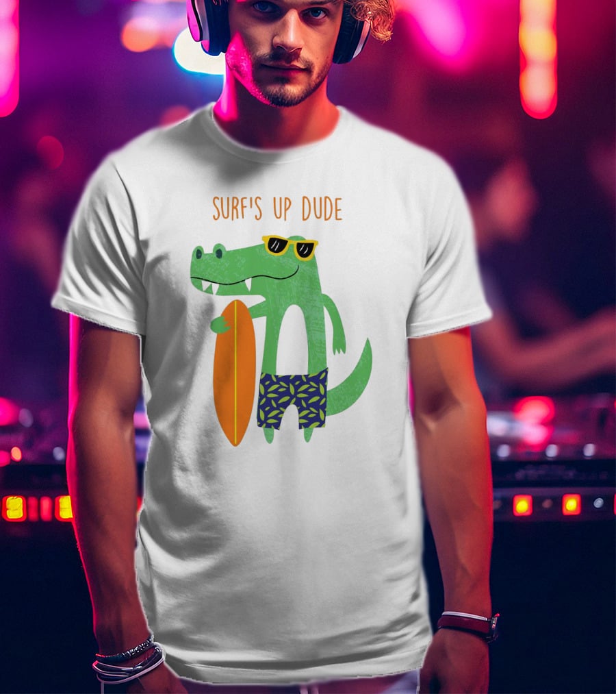 Surf's Up Dude Cool Crocodile In Sunglasses With Surfboard And Tropical Shorts T-Shirt