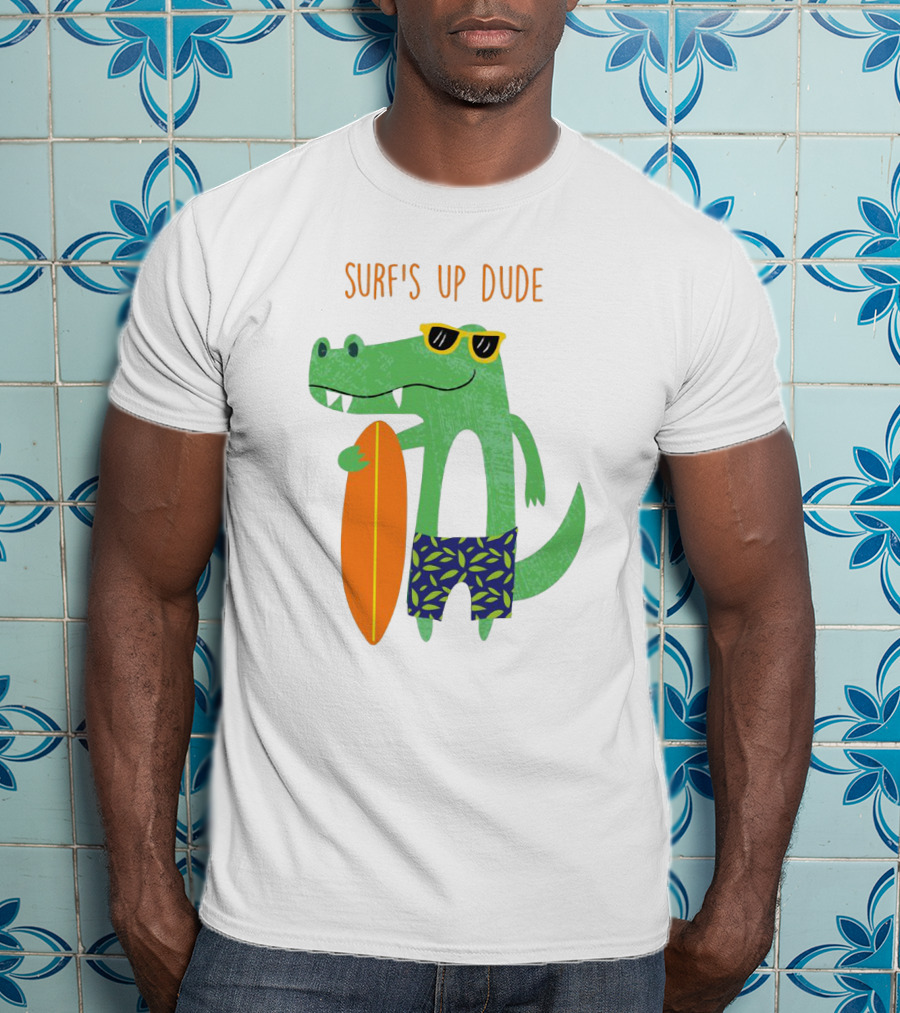 Surf's Up Dude Cool Crocodile In Sunglasses With Surfboard And Tropical Shorts T-Shirt