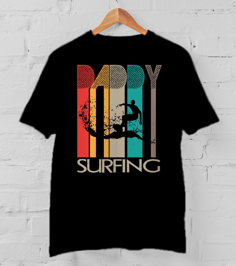 Vintage Daddy Surfing Silhouette With Retro Color Stripes T-Shirt