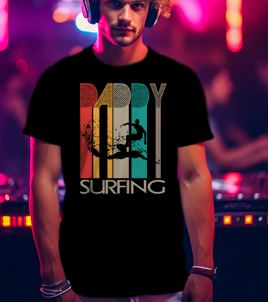 Vintage Daddy Surfing Silhouette With Retro Color Stripes T-Shirt