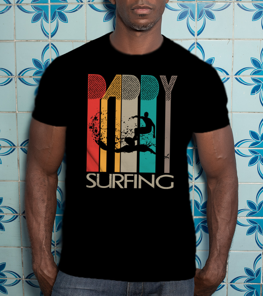 Vintage Daddy Surfing Silhouette With Retro Color Stripes T-Shirt