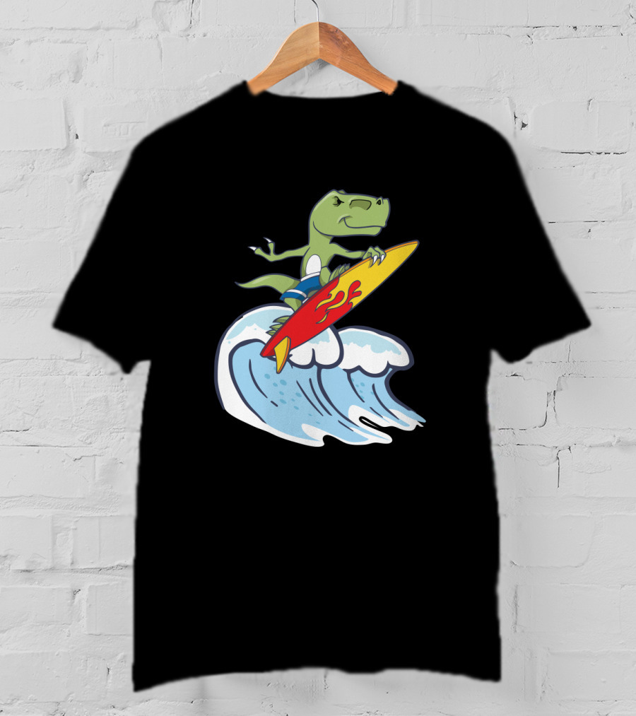 Dinosaur Riding Waves On Fiery Surfboard Ocean Adventure T-Shirt