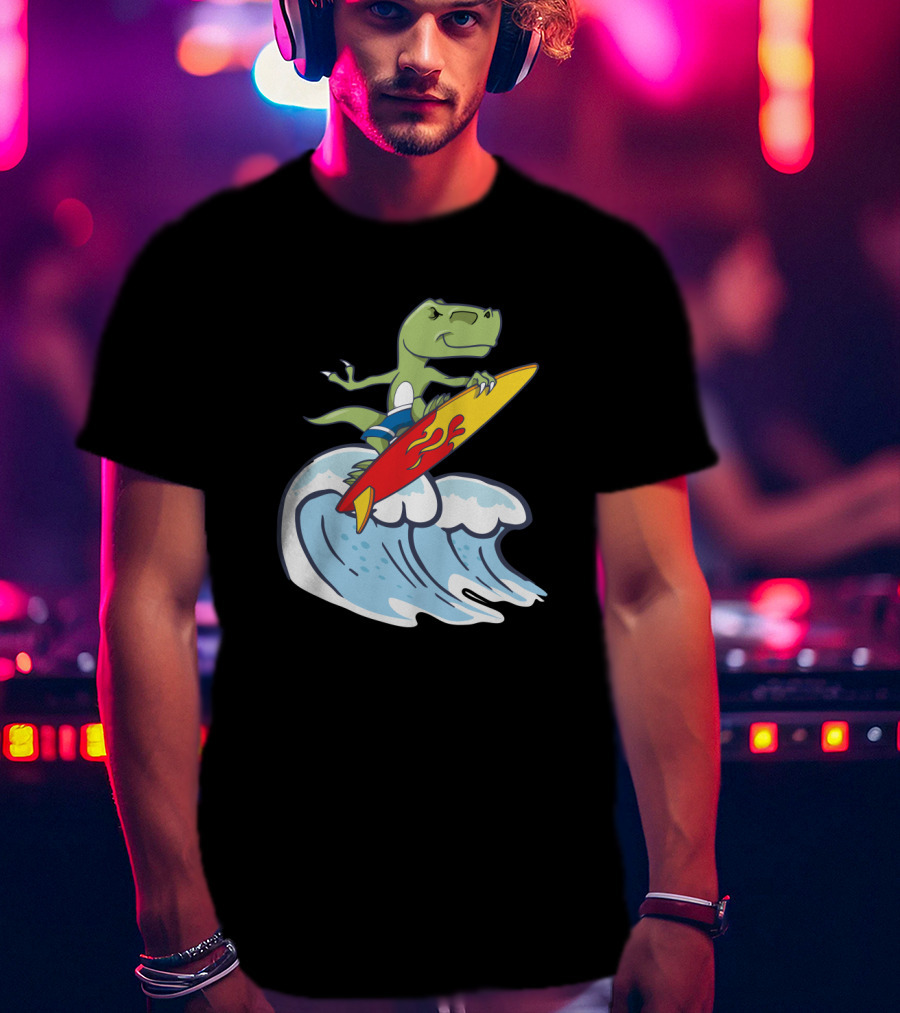 Dinosaur Riding Waves On Fiery Surfboard Ocean Adventure T-Shirt
