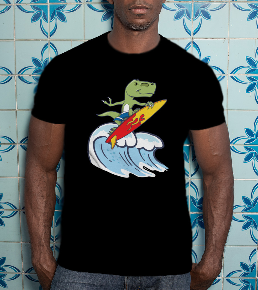 Dinosaur Riding Waves On Fiery Surfboard Ocean Adventure T-Shirt