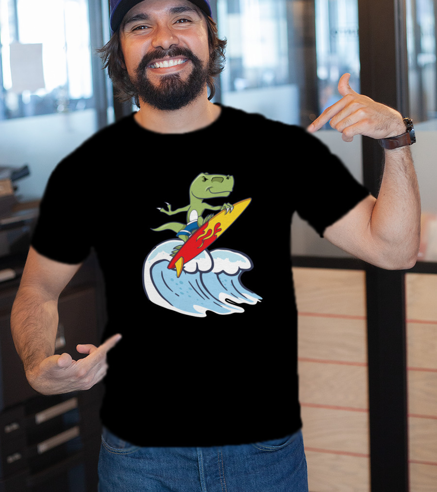 Dinosaur Riding Waves On Fiery Surfboard Ocean Adventure T-Shirt