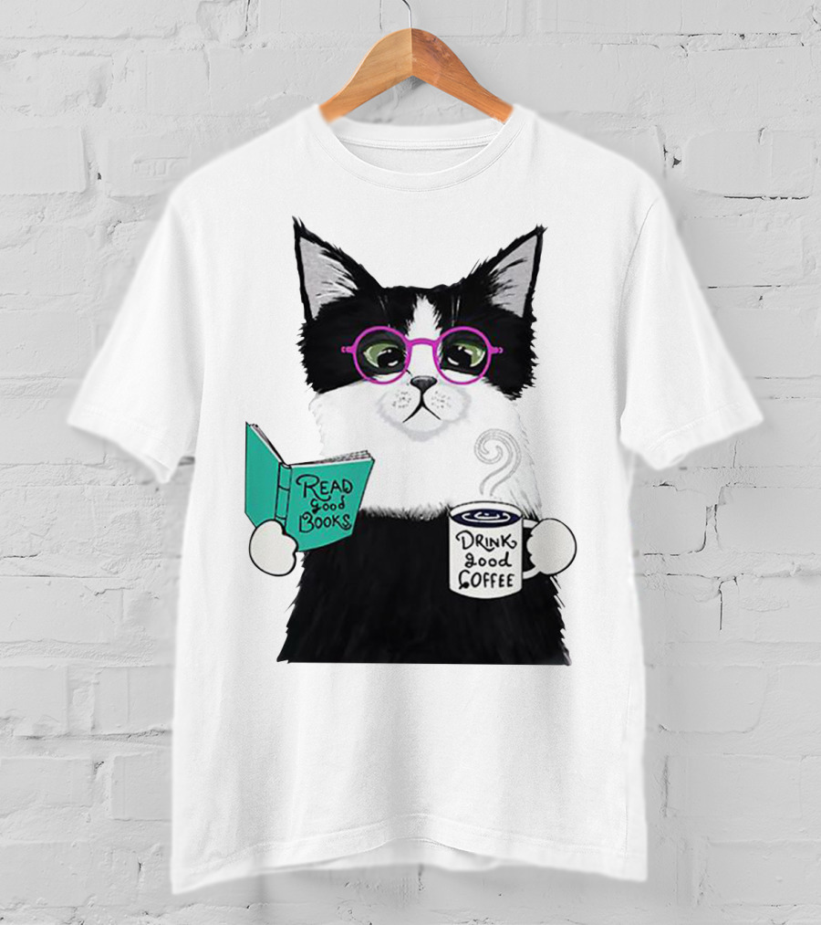 Read Good Books Drink Good Coffee Cat With Glasses T-Shirt