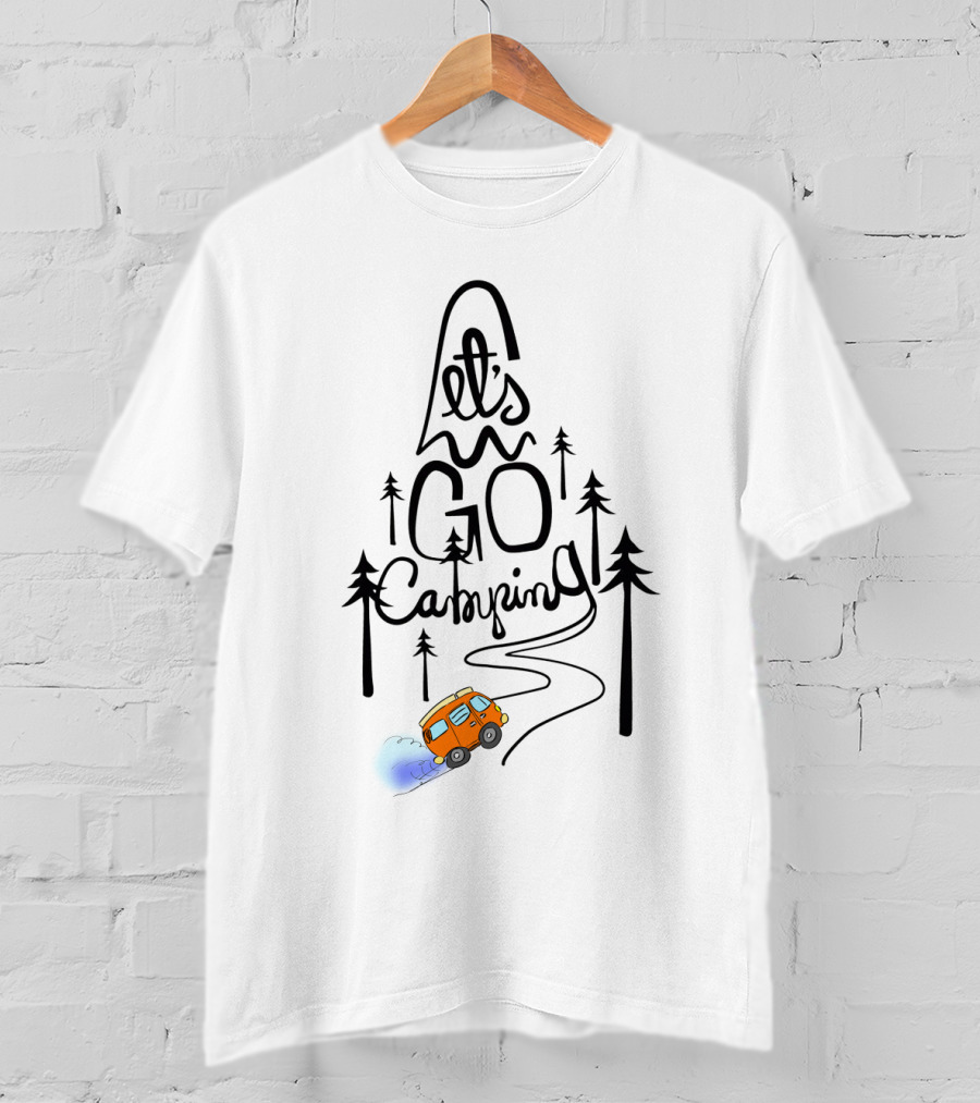 Let's Go Camping With Forest Trees And Orange Campervan Adventure T-Shirt