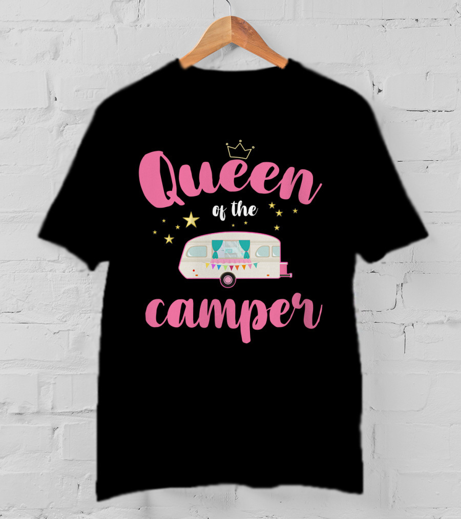 Queen Of The Camper With Crown And Star Accented Vintage Caravan T-Shirt