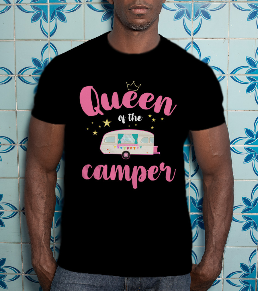 Queen Of The Camper With Crown And Star Accented Vintage Caravan T-Shirt