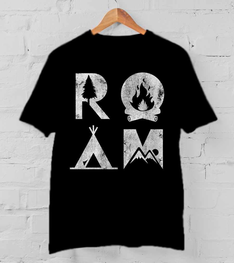 Roam Text Stack With Tree Campfire Tent Mountain Iconography Explore Nature Camping T-Shirt