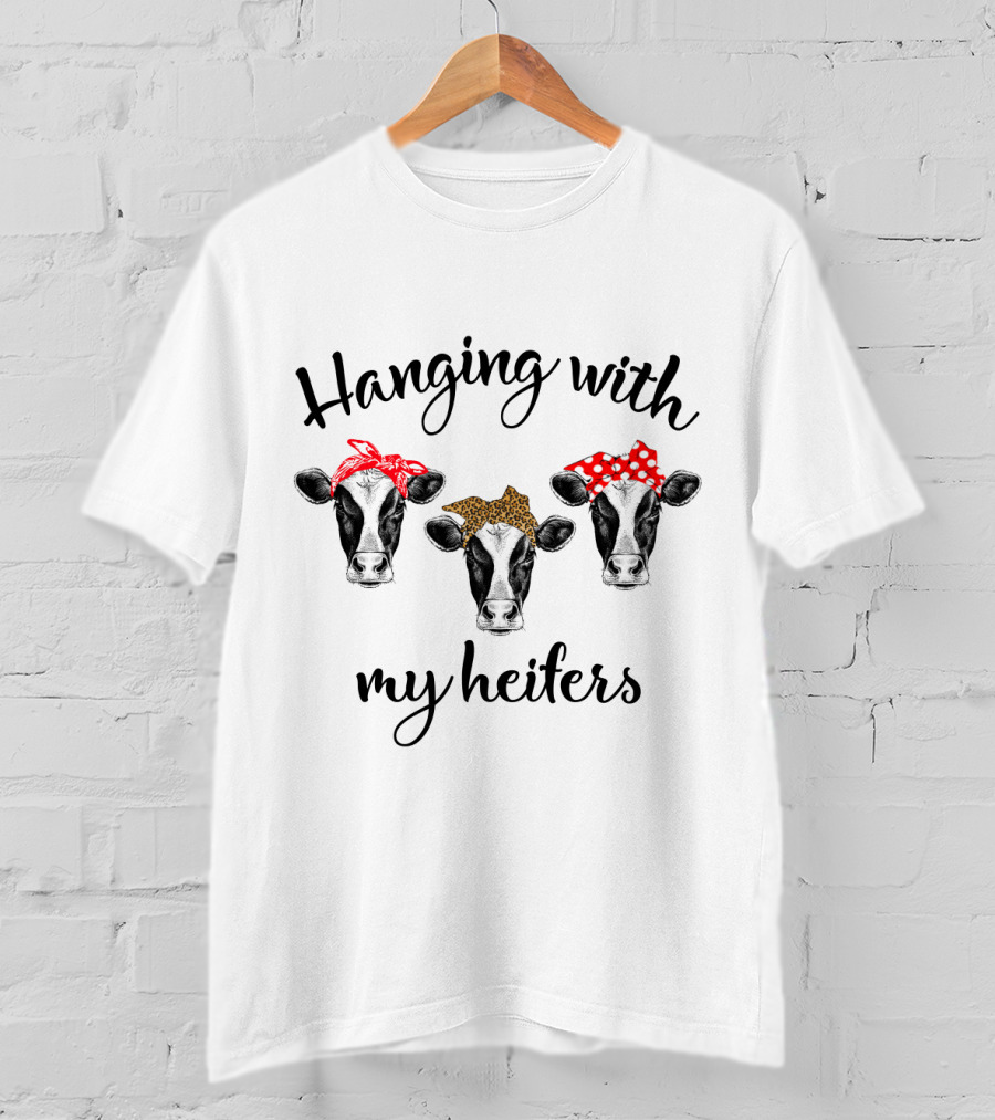 Hanging With My Heifers Bandana Cows Trio In Red And Leopard T-Shirt