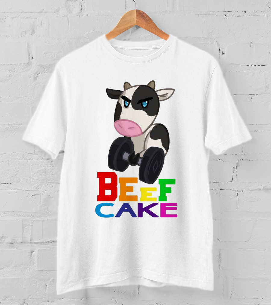 Beefcake Cow Lifting Dumbbells Cartoon T-Shirt