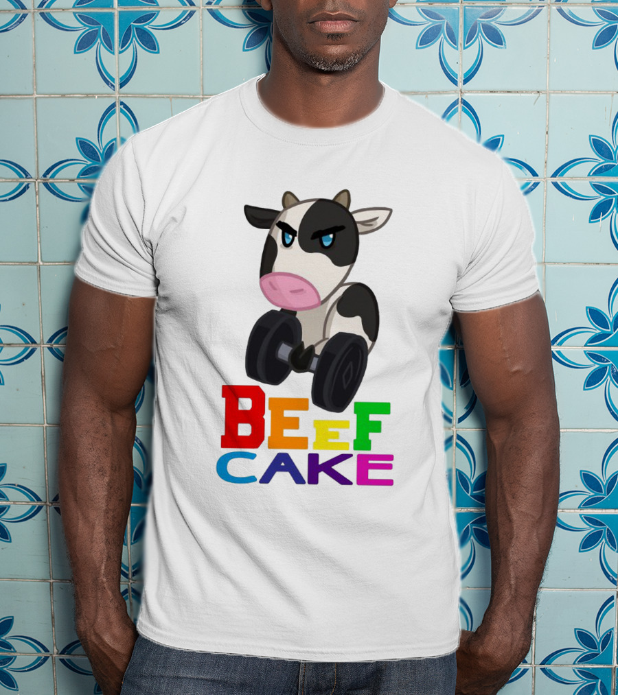 Beefcake Cow Lifting Dumbbells Cartoon T-Shirt