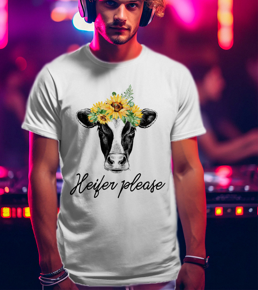 Heifer Please Cow With Sunflower Headbands And Bandana T-Shirt