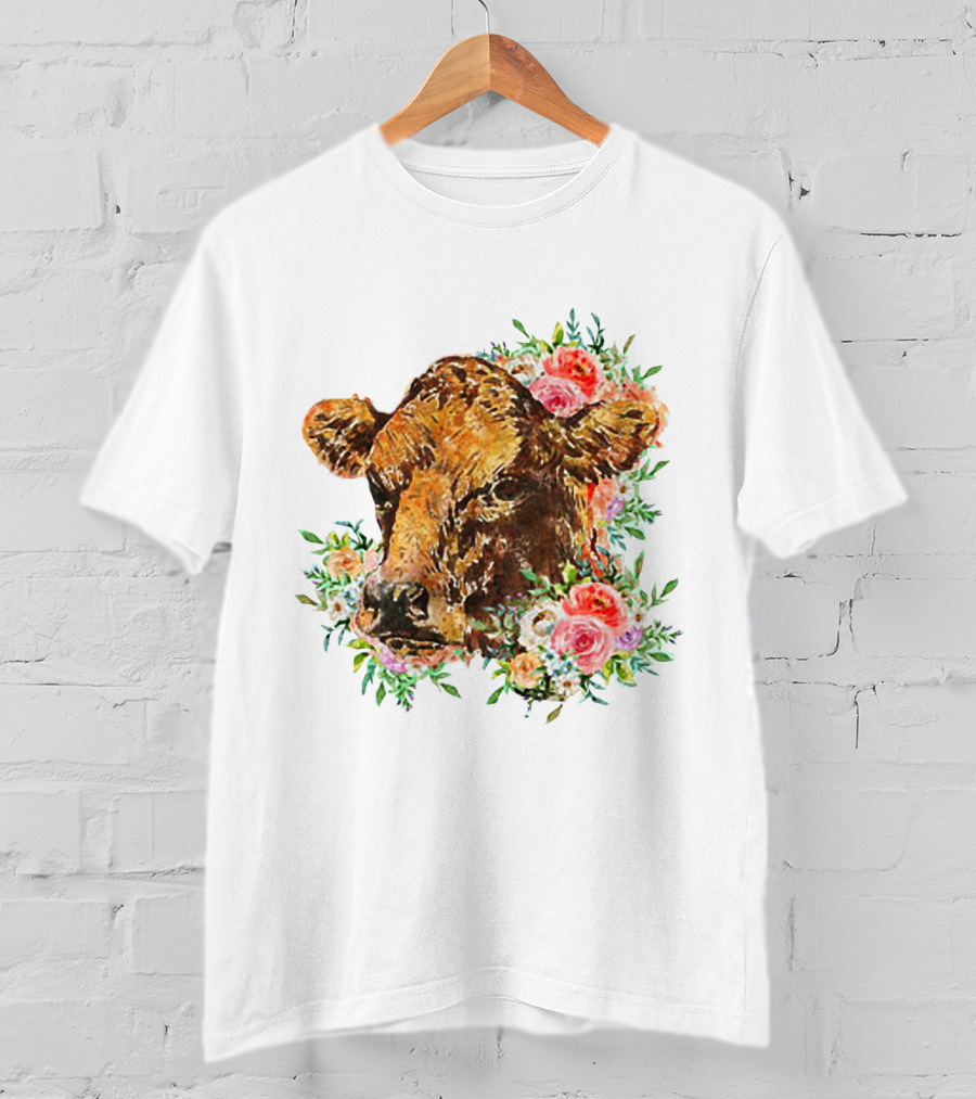 Cow With Floral Accents And Cute Cow Flower Style Motif T-Shirt