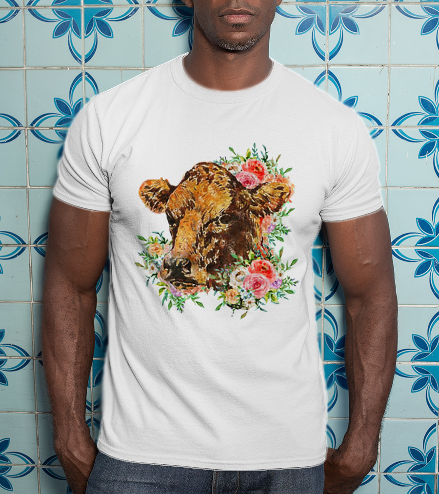 Cow With Floral Accents And Cute Cow Flower Style Motif T-Shirt