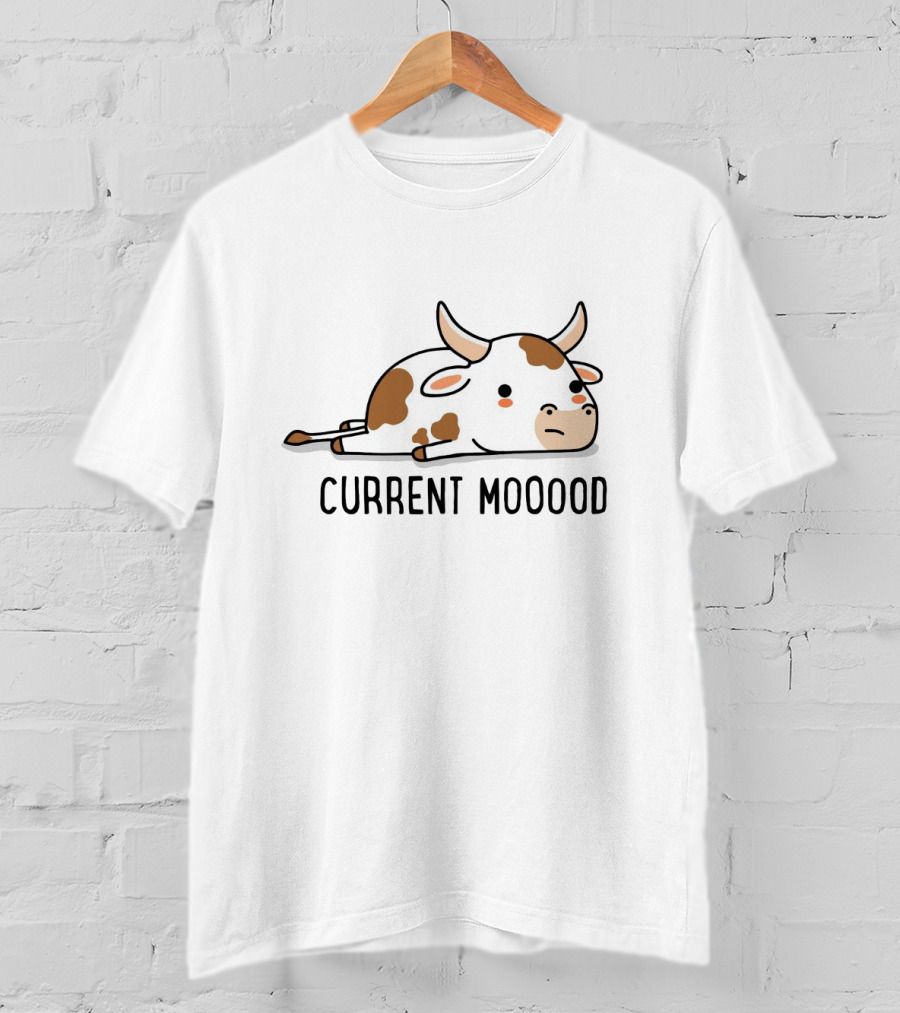 Current Mooood Lazy Cow Cartoon Lying Down T-Shirt