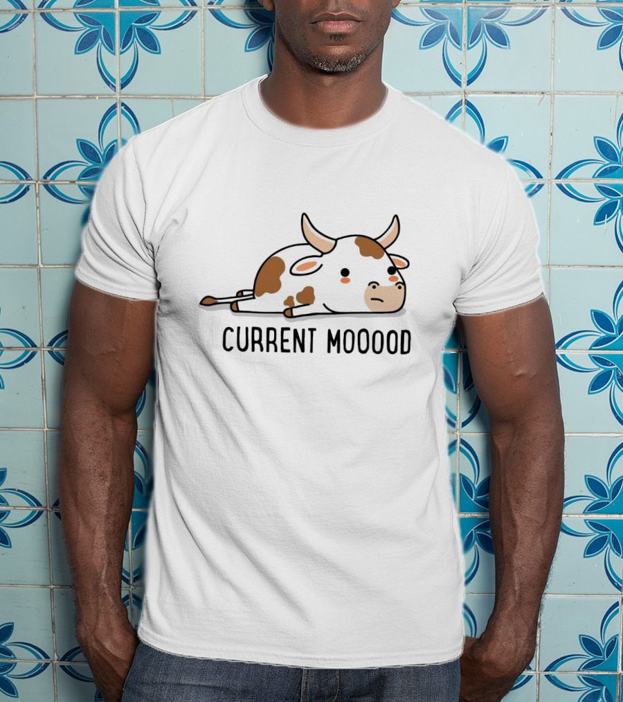 Current Mooood Lazy Cow Cartoon Lying Down T-Shirt