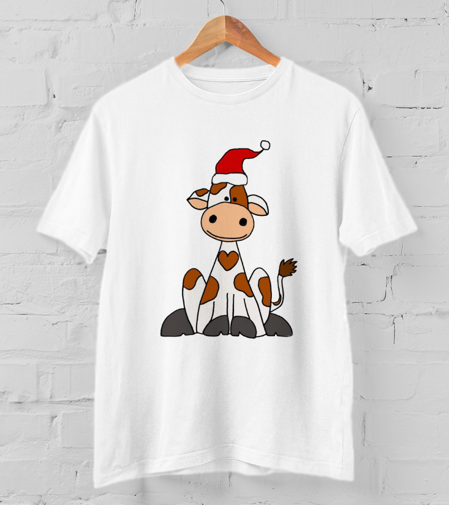 Cute Brown And White Cow Wearing Christmas Santa Hat Cartoon T-Shirt