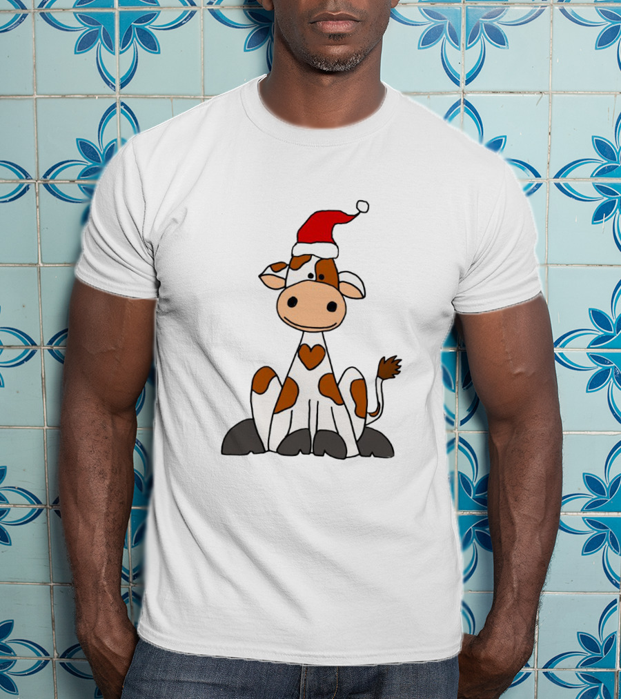 Cute Brown And White Cow Wearing Christmas Santa Hat Cartoon T-Shirt