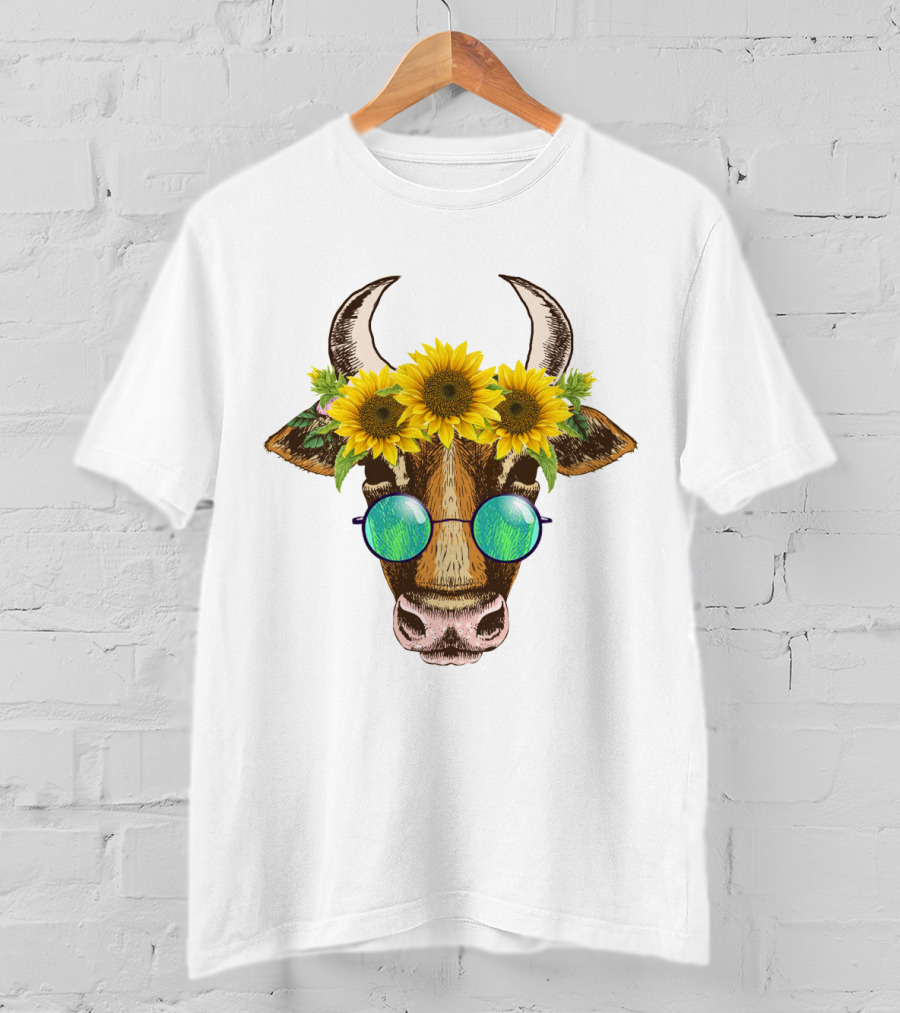 Cute Cow With Sunflower And Sunglasses Headpiece T-Shirt