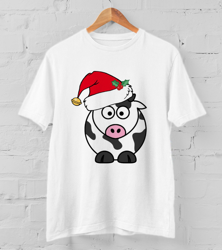 Cartoon Cow With Santa Hat And Holly Christmas Charm T-Shirt