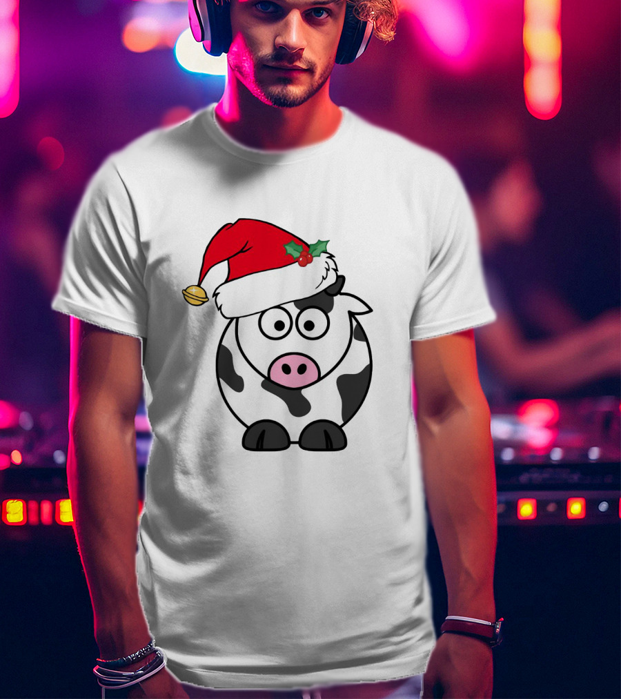 Cartoon Cow With Santa Hat And Holly Christmas Charm T-Shirt