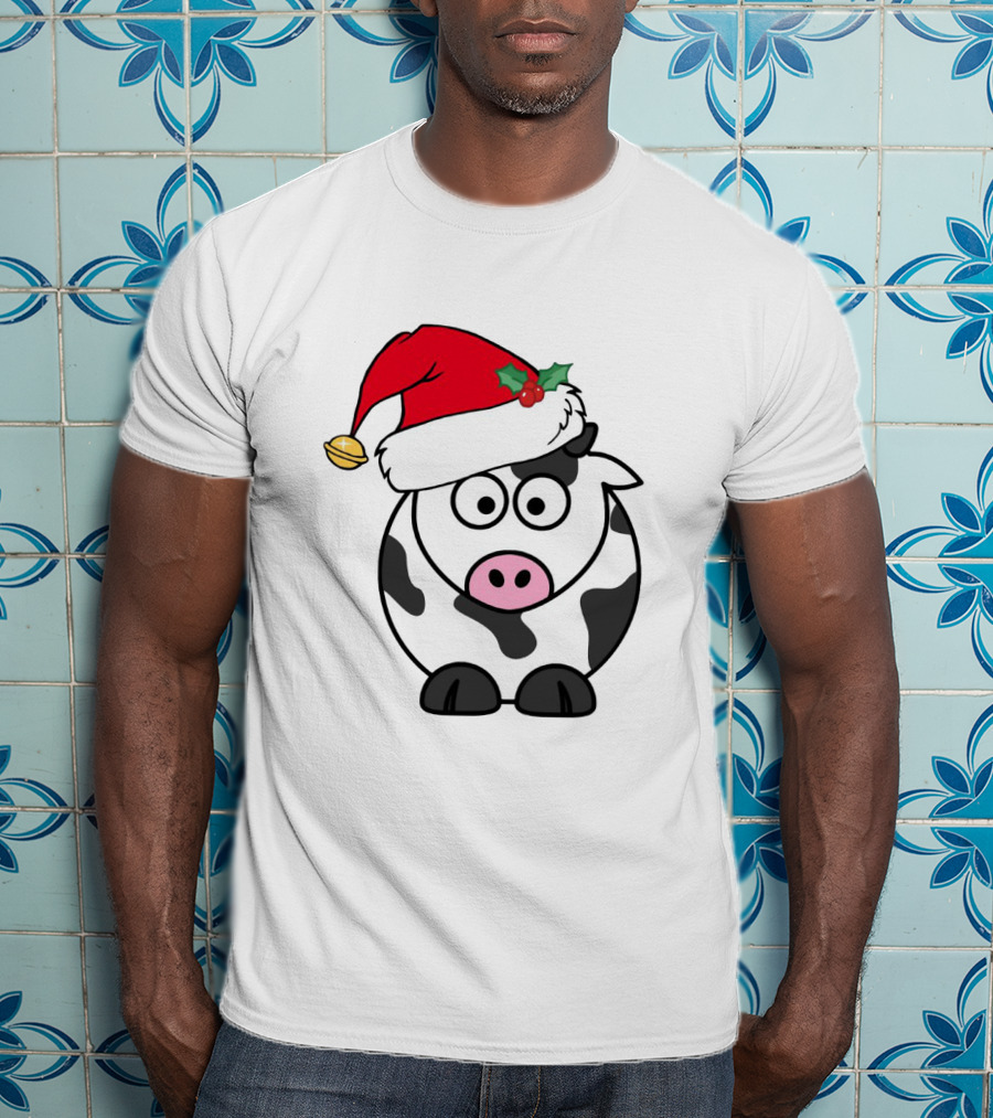 Cartoon Cow With Santa Hat And Holly Christmas Charm T-Shirt