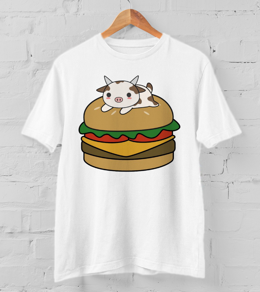 Funny Burger Cow Kawaii Cartoon Cheeseburger With Cute Animal Topping T-Shirt