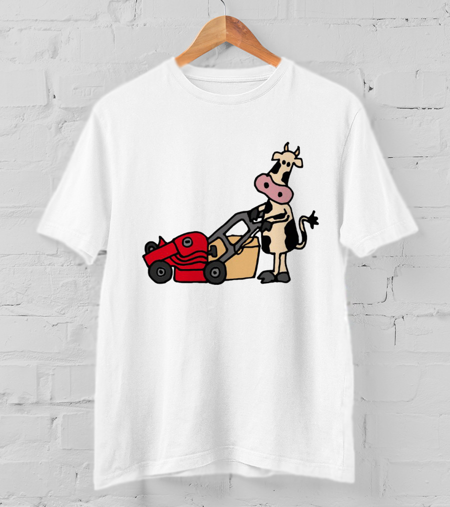 Funny Cow Mowing Grass Cartoon With Red Lawn Mower T-Shirt
