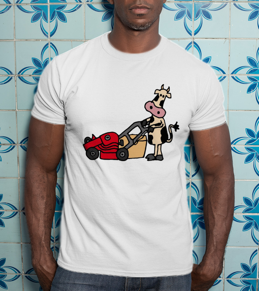 Funny Cow Mowing Grass Cartoon With Red Lawn Mower T-Shirt