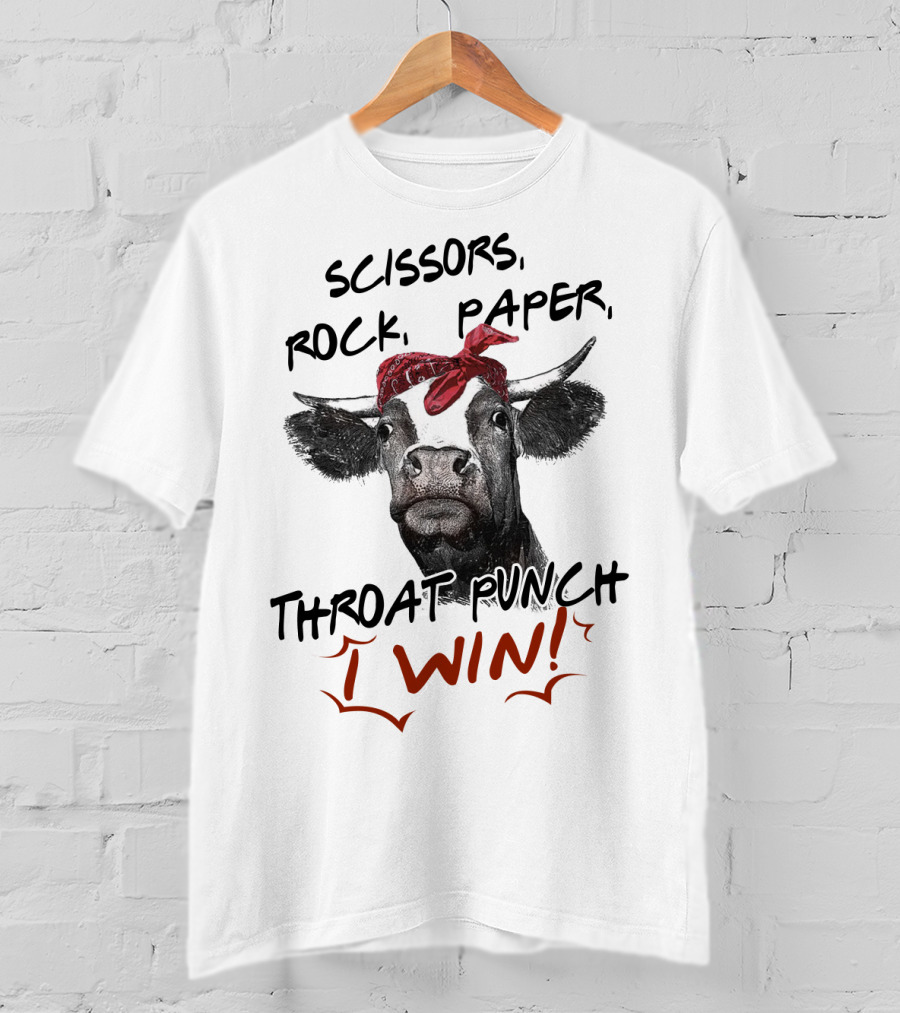 Scissors Rock Paper Throat Punch I Win Funny Cow Bandana T-Shirt
