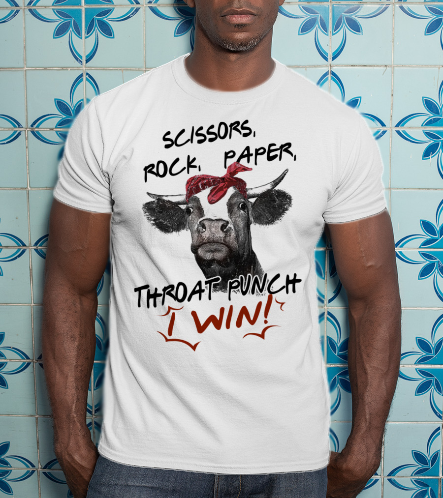 Scissors Rock Paper Throat Punch I Win Funny Cow Bandana T-Shirt