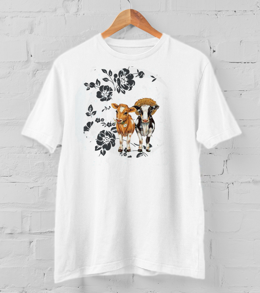 I Love Cows To The Moon And Back Floral Black And White Cow T-Shirt