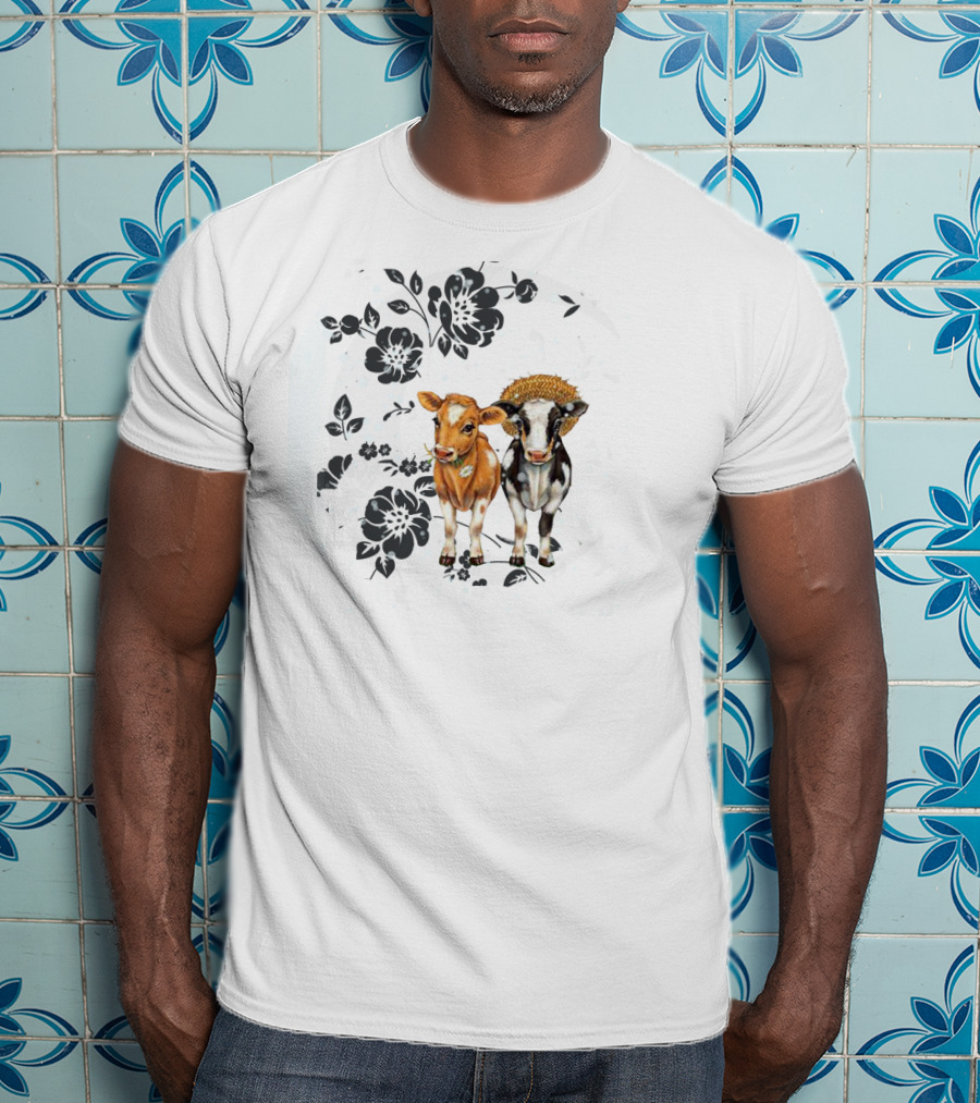 I Love Cows To The Moon And Back Floral Black And White Cow T-Shirt